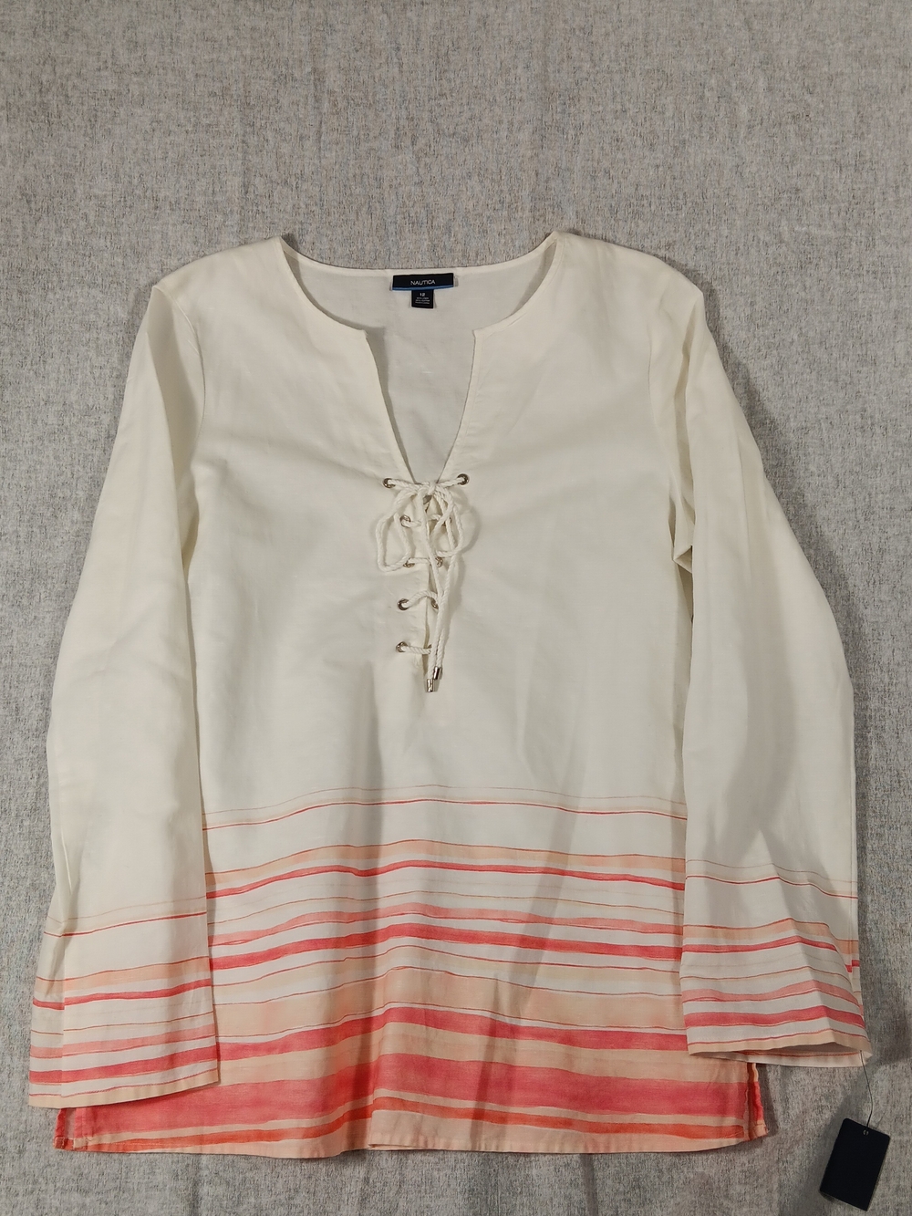Nautica White Off Lace-Up Hem Sleeves Stripe Linen Cotton Long-Sleeve Top Size12